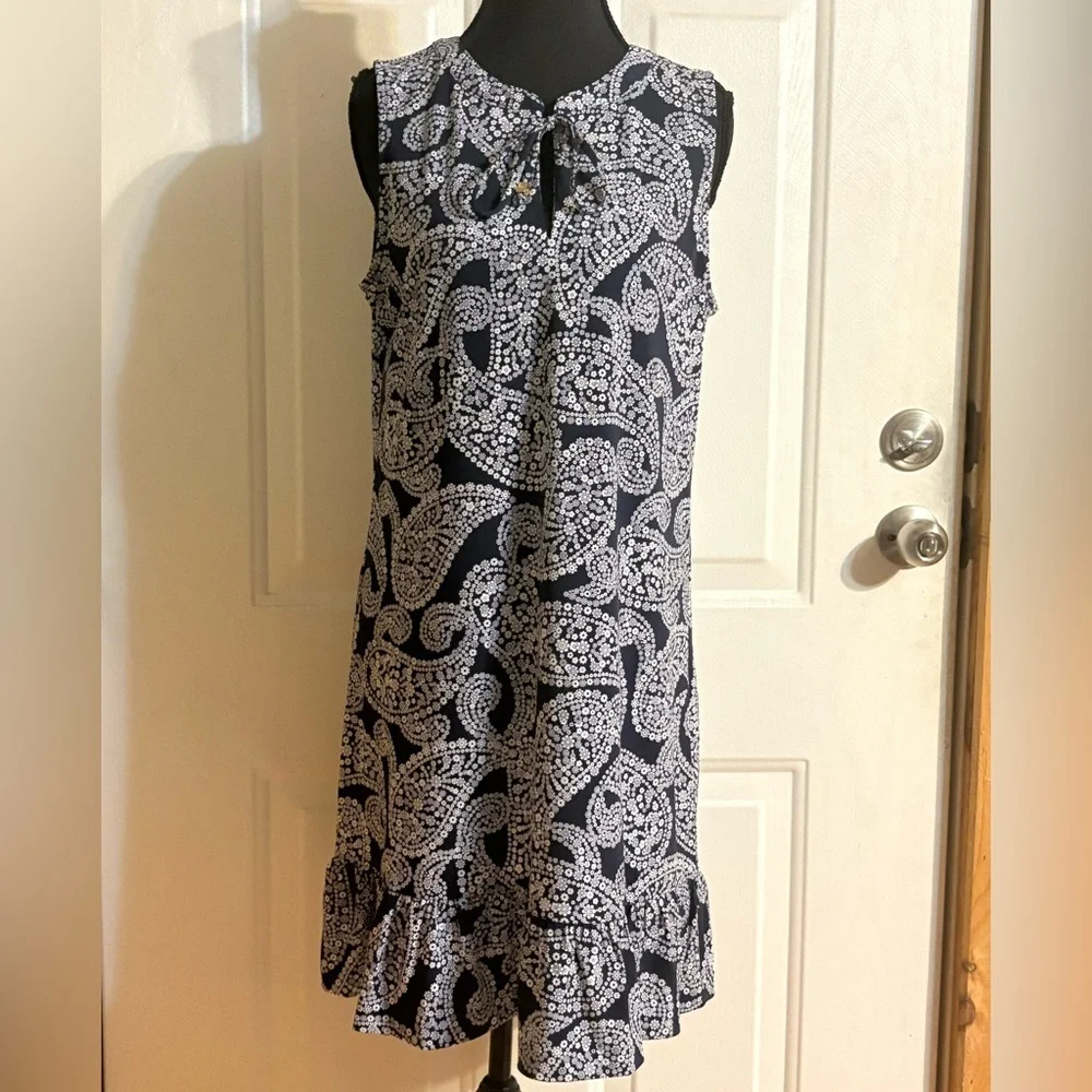 Michael Kors Navy and White Paisley Tie-Neck Midi Dress size Medium NWT